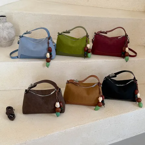Women's Minimalist Suede Patchwork Handbag Chic Autumn Commuting Shoulder Crossbody Bag Retro Small Pillow Bag With Stitching