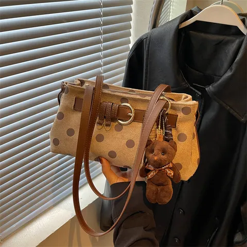 Koreanischer Stil Samt Polka Dot Baguette Tasche Trendige Bedruckte Unterarm Schultertasche Für Damen Retro Lässige Baguette Handtasche