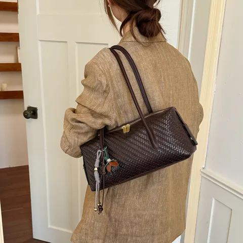 Sac à Main Bandoulière Femme en Cuir PU Motif Tissé Rétro Luxe Décontracté Sac Sous-Bras Classique Baguette Hobo Sac pour Navette Quotidienne