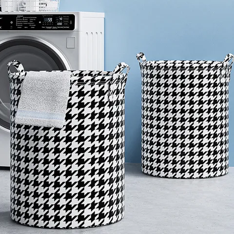 Panier à Linge Pliable Tissu Non Tissé Imperméable Corbeille à Linge Sale Motif Pied-de-poule Grand Capacité Organisateur de Linge pour Salle de Bain