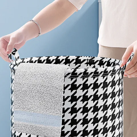 Panier à Linge Pliable Tissu Non Tissé Imperméable Corbeille à Linge Sale Motif Pied-de-poule Grand Capacité Organisateur de Linge pour Salle de Bain