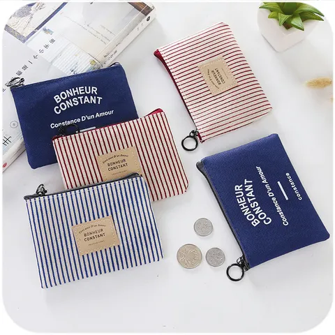Canvas Coin Purse Stripe And Plaid Small Wallet Card Holder Zipper Key Pouch Handbag For Women Daily Storage
