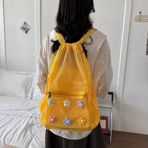 Korean Style Hollow Mesh Backpack Casual Commuting Drawstring Storage Bag Student Fashion School Daypack For Women