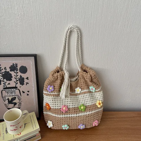 Women Slouchy Knit Fabric Tote Bag Hand-Woven Striped Shoulder Bag With Three-Dimensional Flowers Tassels Large Capacity Casual Beach Bag