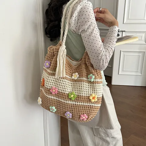 Women Slouchy Knit Fabric Tote Bag Hand-Woven Striped Shoulder Bag With Three-Dimensional Flowers Tassels Large Capacity Casual Beach Bag