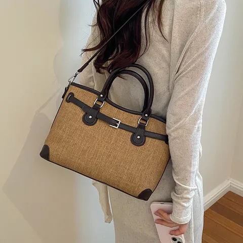 Minimalist Woven Fabric PU Leather Tote Bag For Women Fashion Commute Shoulder Bag Handbag With Belt Buckle Underarm Bag