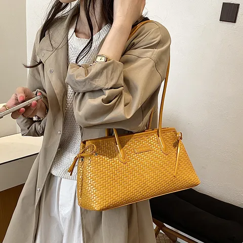 Bolso de Axila de Cuero PU Tejido para Mujer Bolso de Hombro de Moda Bolso de Mano Informal con Lazos Laterales Cremallera