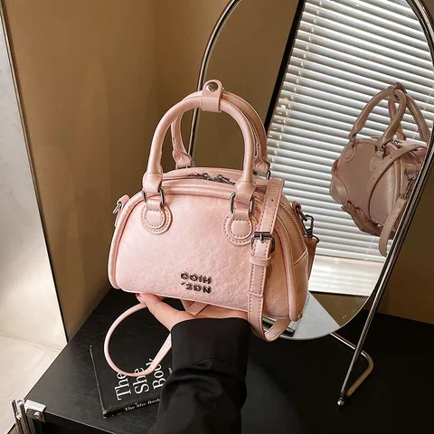 Damen Casual PU Leder Bowlingtasche Vintage Handtasche Verstellbare Umhängetasche Klassisch Einfarbig Reißverschluss Tote Bag Tägliche Handtasche