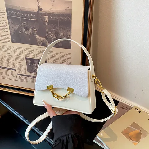 Casual PU Leather Glitter Flap Crossbody Bag With Metal Chain For Women Fashion Stitching Magnetic Clasp Square Shoulder Handbag