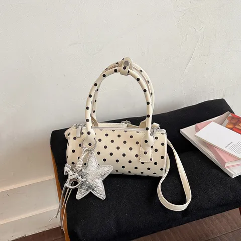 Borsa a Bauletto a Pois da Donna in Pelle PU Cilindro Borsa a Tracolla Design di Nicchia Cucito Borsa a Mano Spalla Con Ciondolo Stella