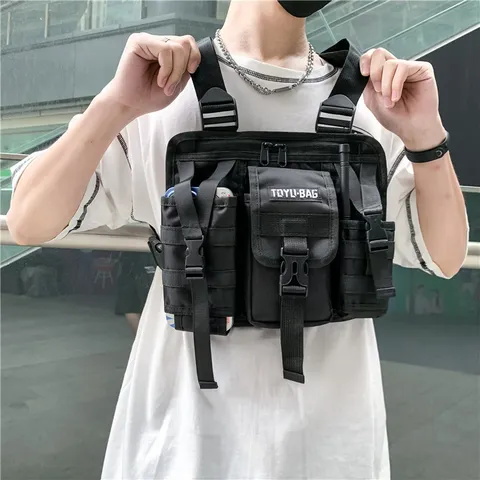 Herren Taktische Brusttasche Multi Tasche Nylon Brustgeschirr Streetwear Weste Tasche Outdoor Radfahren Verschleißfeste Funktionstasche Schwarz