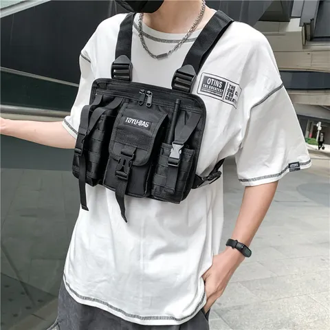 Herren Taktische Brusttasche Multi Tasche Nylon Brustgeschirr Streetwear Weste Tasche Outdoor Radfahren Verschleißfeste Funktionstasche Schwarz