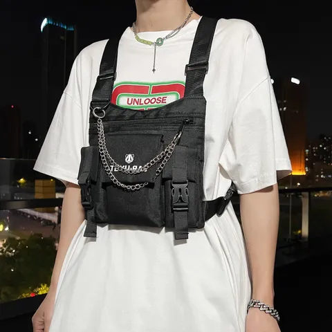 Herren Cyberpunk Techwear Brusttasche Oxford Gewebe Multi Tasche Taktische Weste Pack Hip Hop Streetwear Sling Chest Rig Mit Kettenverzierung