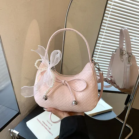 French Style Woven Crescent Underarm Bag For Women Elegant Solid Color PU Leather Crossbody Bag With Mesh Bow Pearl Charm Shoulder Bag