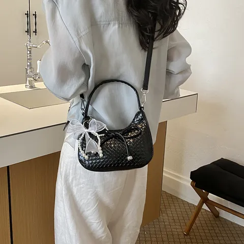 French Style Woven Crescent Underarm Bag For Women Elegant Solid Color PU Leather Crossbody Bag With Mesh Bow Pearl Charm Shoulder Bag