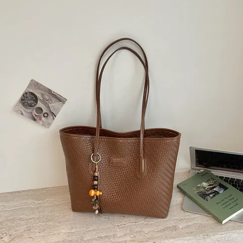 Sac Cabas pour Femmes en Cuir PU Tissé Grande Capacité Sac à Épaule Décontracté Sac à Main Mode Navette Sac de Shopping Souple pour Dames Quotidien