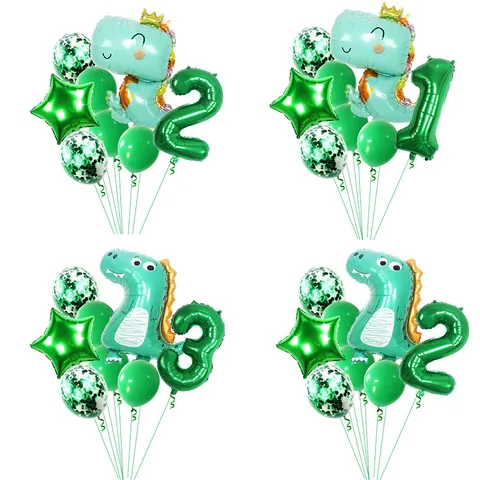 Green Dinosaur Foil Balloon Set Crown Cute Animal Number Balloons For Kids Birthday Party Decorations Event Supplies
