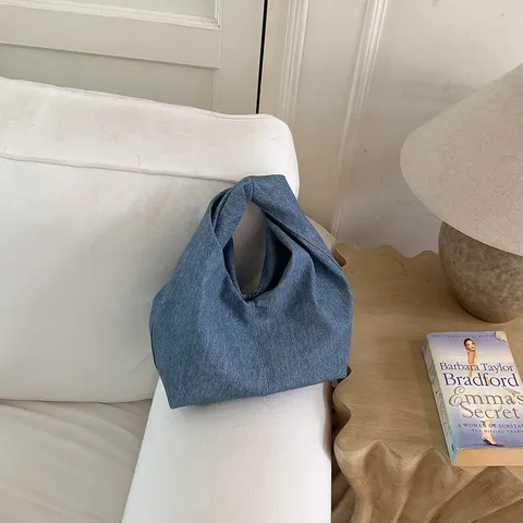 Women Denim Handbag Casual Japanese Knot Cloud Bag Retro Simple Tote Bag Fashion Underarm Bag Summer Travel Purse