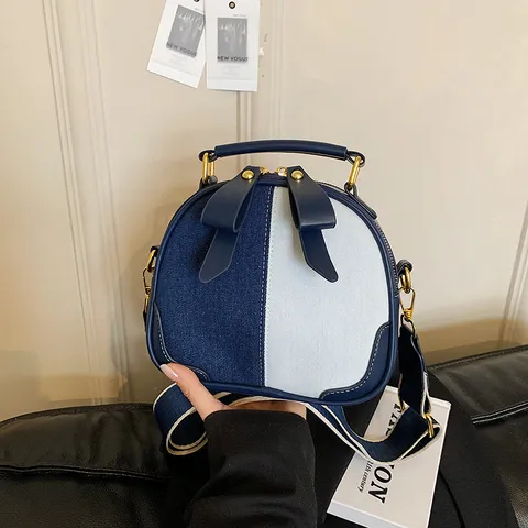 Korean Style Retro Small Round Crossbody Bag PU Leather Denim Patchwork Women Shoulder Bag With Bow Cute Daily Handbag