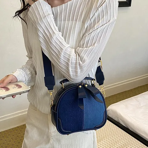 Korean Style Retro Small Round Crossbody Bag PU Leather Denim Patchwork Women Shoulder Bag With Bow Cute Daily Handbag