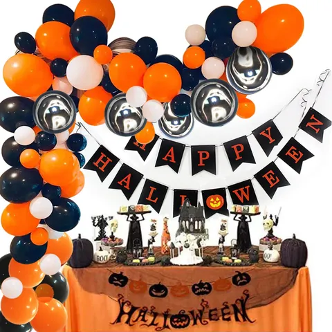 Halloween Balloon Arch Kit Aluminum Foil Latex Balloons With Ghost Foil Balloons And Banner For Party Decoration