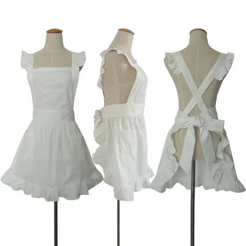 Korean Style Solid Color Ruffle Apron Women Polyester Waterproof Kitchen Cooking Work Apron For Cafe Nail Salon Baking