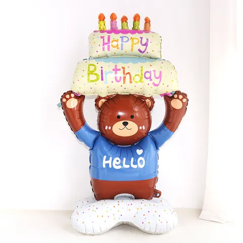 Large Standing Cake Bear Aluminum Foil Balloon Birthday Party Welcoming Balloon Cartoon Animal Shape Balloon Decoration