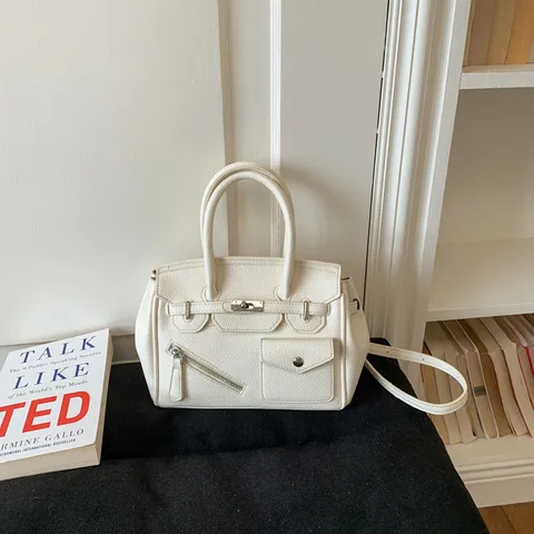 Women PU Leather Handbag Casual Stitching Lock Closure Shoulder Crossbody Bag Medium Horizontal Square Top Handle Bag