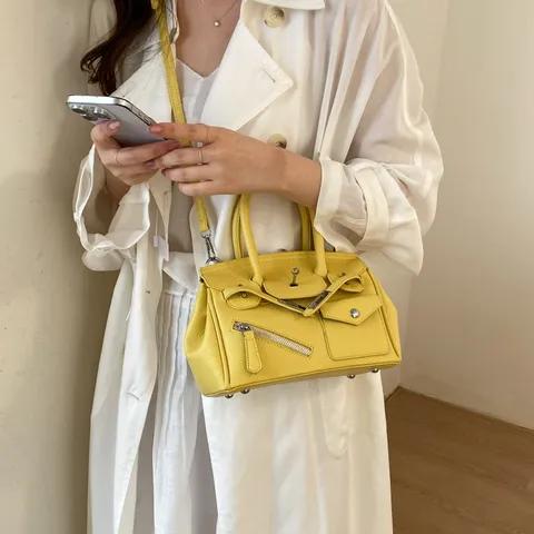 Women PU Leather Handbag Casual Stitching Lock Closure Shoulder Crossbody Bag Medium Horizontal Square Top Handle Bag