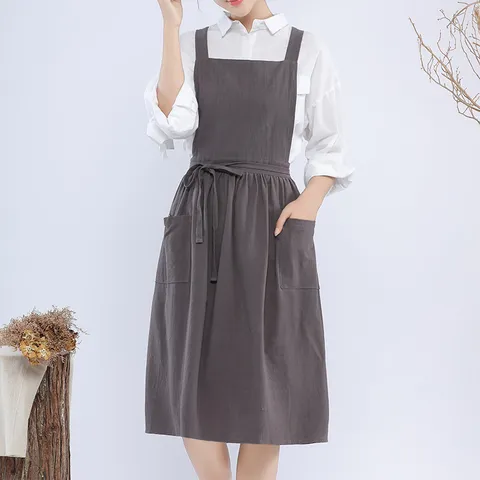 Japanese Style Cotton Linen Apron With Cross Back Pockets Adjustable Ties Baking Cooking Apron For Women