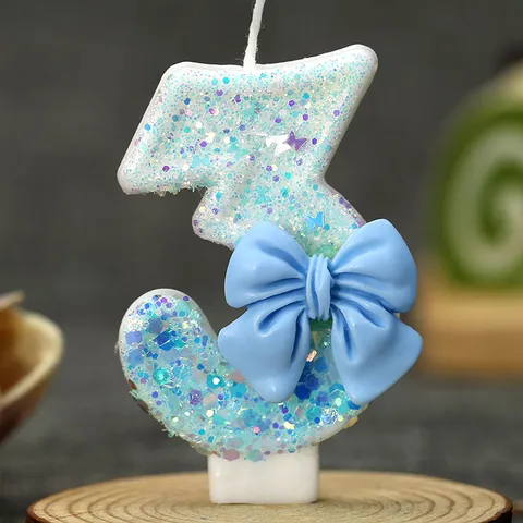 Creative Digital Number Birthday Cake Candle With Blue Bow And Glitter Sequins Party Baking Decorative Accessory