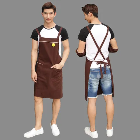 Solid Color Poly Cotton Apron With Pockets Kitchen Restaurant Work Apron For Adult Men Women Chef Cooking Baking