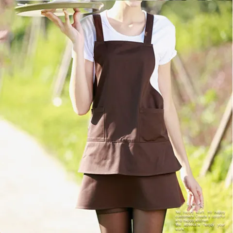 Korean Style Fashion Solid Color Polyester Apron With Ruffle Hem Pockets For Women Cafe Kitchen Cleaning Work Wear