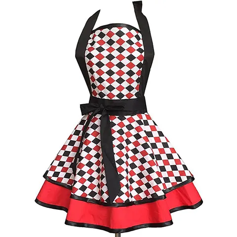Women's Retro Cotton Apron Halter Neck Polka Dot Ruffle Hem Bow Maid Waitress Work Kitchen Cooking Apron