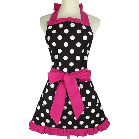 Women's Retro Cotton Apron Halter Neck Polka Dot Ruffle Hem Bow Maid Waitress Work Kitchen Cooking Apron