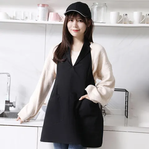 Women Korean Style Suit Collar Work Apron Solid Color Cotton Blend Kitchen Apron