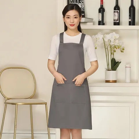 Polyester Cotton Apron Cross Back Adjustable Buckle Solid Color Kitchen Workwear Chef Apron For Cooking Baking