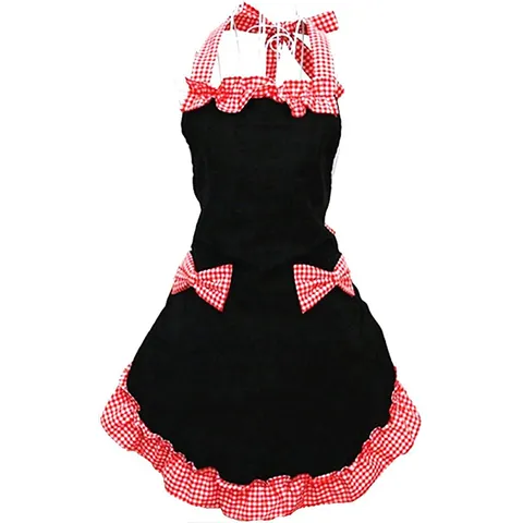 Delantal de Sirvienta Lindo para Mujer Halter Ajustable Falda de Doble Capa Lazo Encaje Volante Cocina Hornear Delantal Vestido