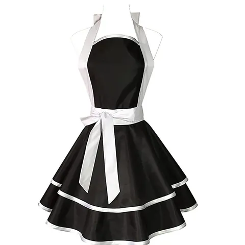 Delantal de Sirvienta Lindo para Mujer Halter Ajustable Falda de Doble Capa Lazo Encaje Volante Cocina Hornear Delantal Vestido