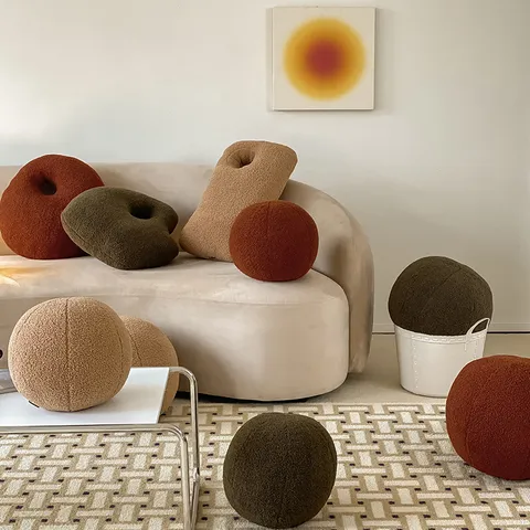 Nordic Minimalist Abstract Teddy Velvet Plush Ball Pillow Round Cushion Soft Stuffed Sofa Bed Decor Pillow