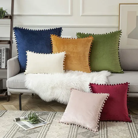 Effens Fluwelen Kussensloop Met Pomponrand Zachte Vierkante Kussenhoes voor Woonkamer Bank Bed Huisdecoratie