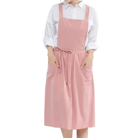 Japanese Style Cotton Linen Apron With Cross Back Pockets Adjustable Ties Baking Cooking Apron For Women