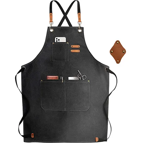 Thickened Denim Canvas Apron With Cross Back Straps Leather Pockets Adjustable Kitchen Cooking Gardening Work Apron