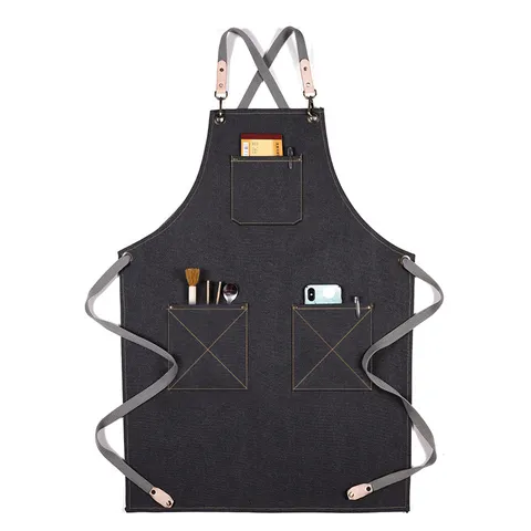 Thick Canvas Apron With Pockets Cross Back Adjustable Straps Kitchen Cooking Chef Workwear For Restaurant Cafe Home