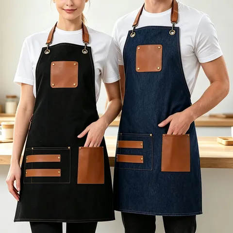 Canvas Work Apron With PU Leather Pockets Adjustable Neck Strap Kitchen Cooking Barbecue Restaurant Unisex Chef Apron