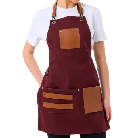 Canvas Work Apron With PU Leather Pockets Adjustable Neck Strap Kitchen Cooking Barbecue Restaurant Unisex Chef Apron