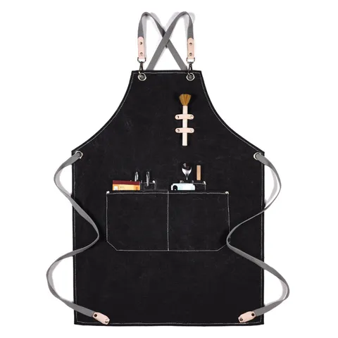 Thickened Canvas Apron With Cross Straps Multi-Pocket Work Apron For Barista Baking Restaurant Kitchen Cooking