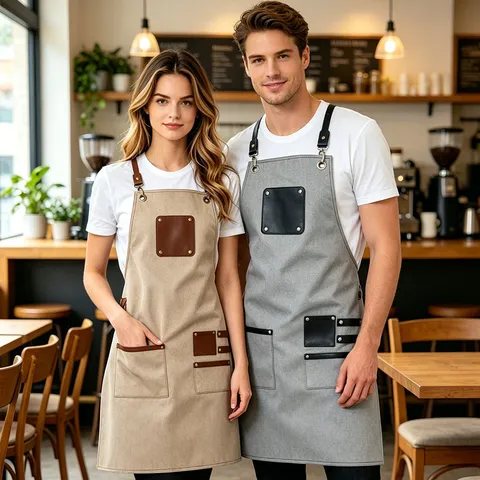 Canvas Leather Splicing Waterproof Kitchen Baking Barista Workwear Adjustable Cross Back Chef Apron For Men Women