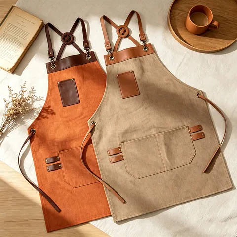 Crossback Canvas Apron with PU Leather Splicing Multi-Pocket Adjustable Strap Work Apron for Kitchen Cafe Baking