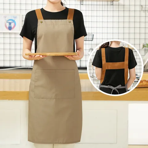 Nordic Style Waterproof Canvas Apron Kitchen Cooking Chef Work Apron with Pockets Adjustable Halter Strap for Women Men